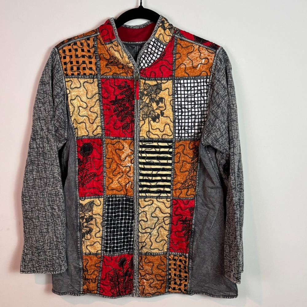 Handmade Womens Black Red Patchwork Embroidered Full Zip Cardigan Jacket LG Boho
